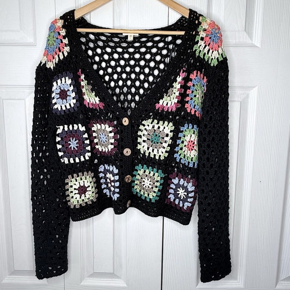 DEBUT Crochet Granny Square Cardigan L Black Multi Boho Patchwork Cropped Knit